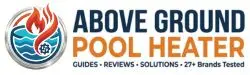 Above Ground Pool Heater logo featuring a circular fire and water icon with the text Guides, Reviews, and Solutions.