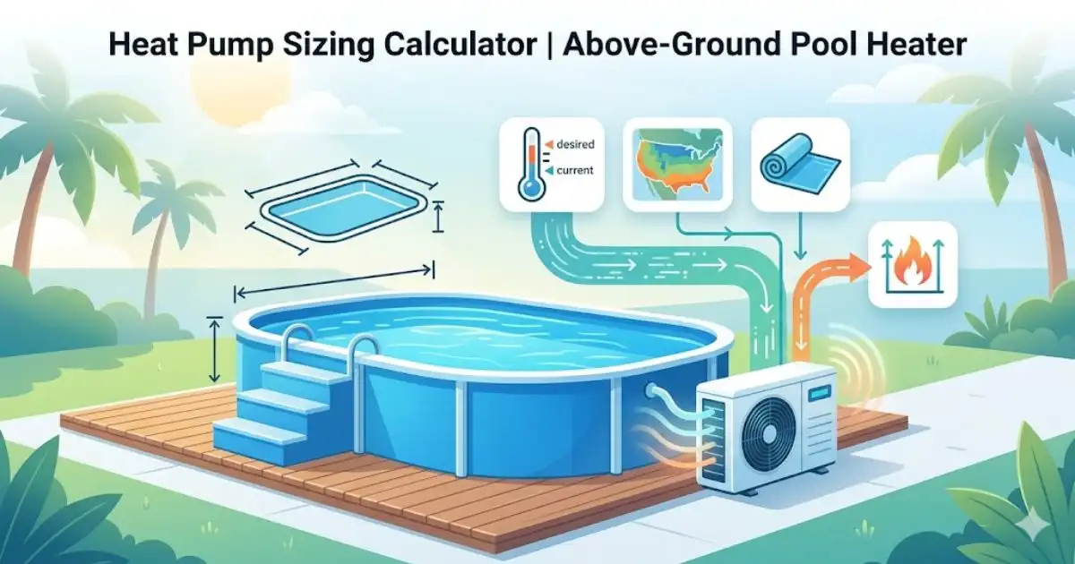 Infographic for a heat pump sizing calculator showing an above-ground pool, USA climate map, and temperature icons.