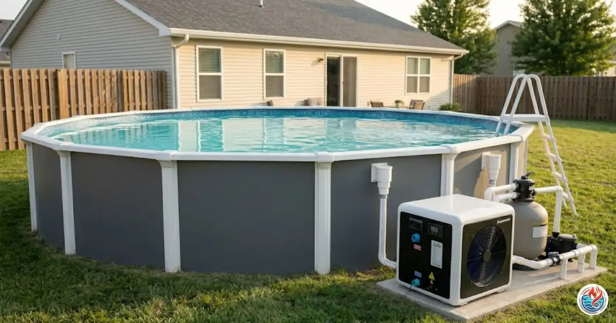 An above ground pool with a heat pump and sand filter system on a concrete pad in a grassy backyard.