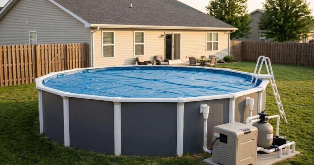 Above-ground pool gas heater unit safely installed on a concrete pad next to a pool with a thermal cover.