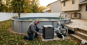 Homeowner winterizing an above-ground pool heater beside a backyard pool before freezing temperatures.