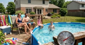Above-ground pool during extreme summer heat in an American backyard. Above-Ground Pool Summer Heat Management