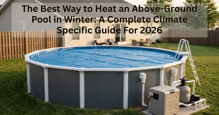 (A round gray above-ground pool with a blue thermal cover and gas heater equipment in a suburban backyard.)
