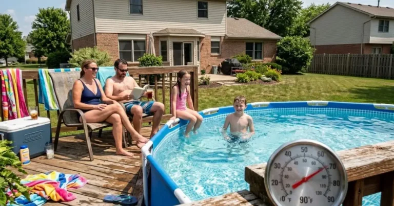 Above-ground pool during extreme summer heat in an American backyard. Above-Ground Pool Summer Heat Management