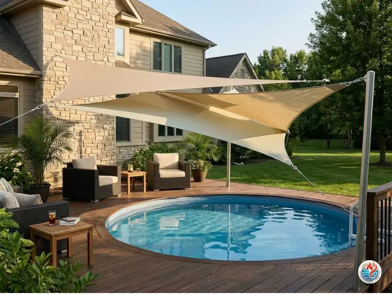 Shade sail installed above an above-ground swimming pool