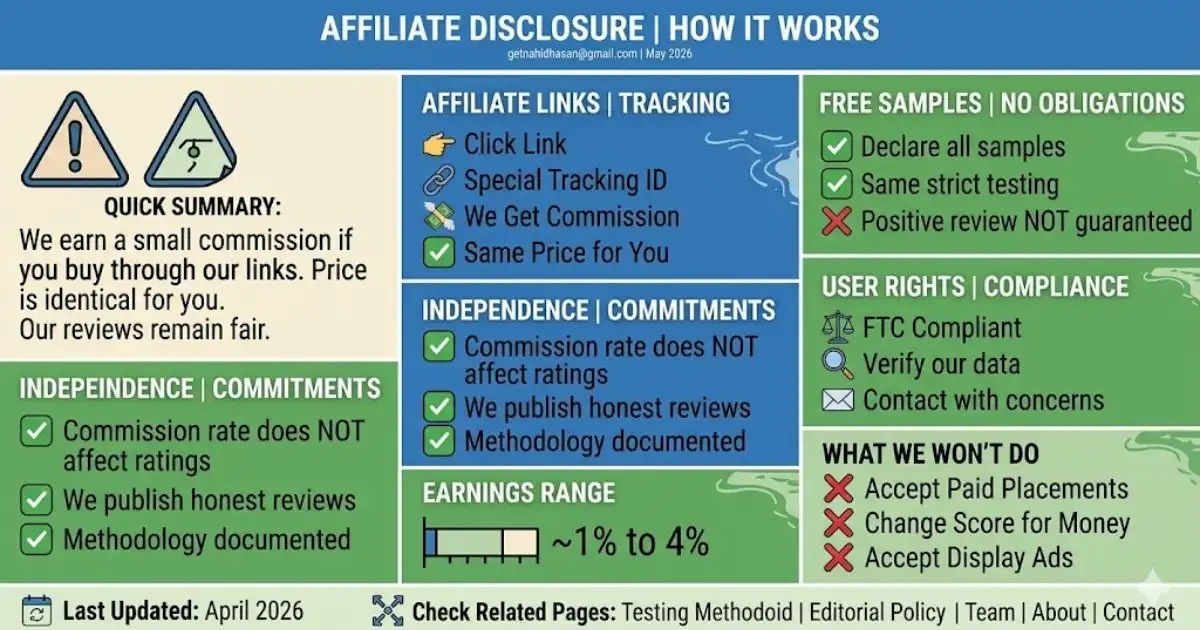 Infographic explaining an affiliate disclosure policy, including commission tracking, FTC compliance, and review integrity.
