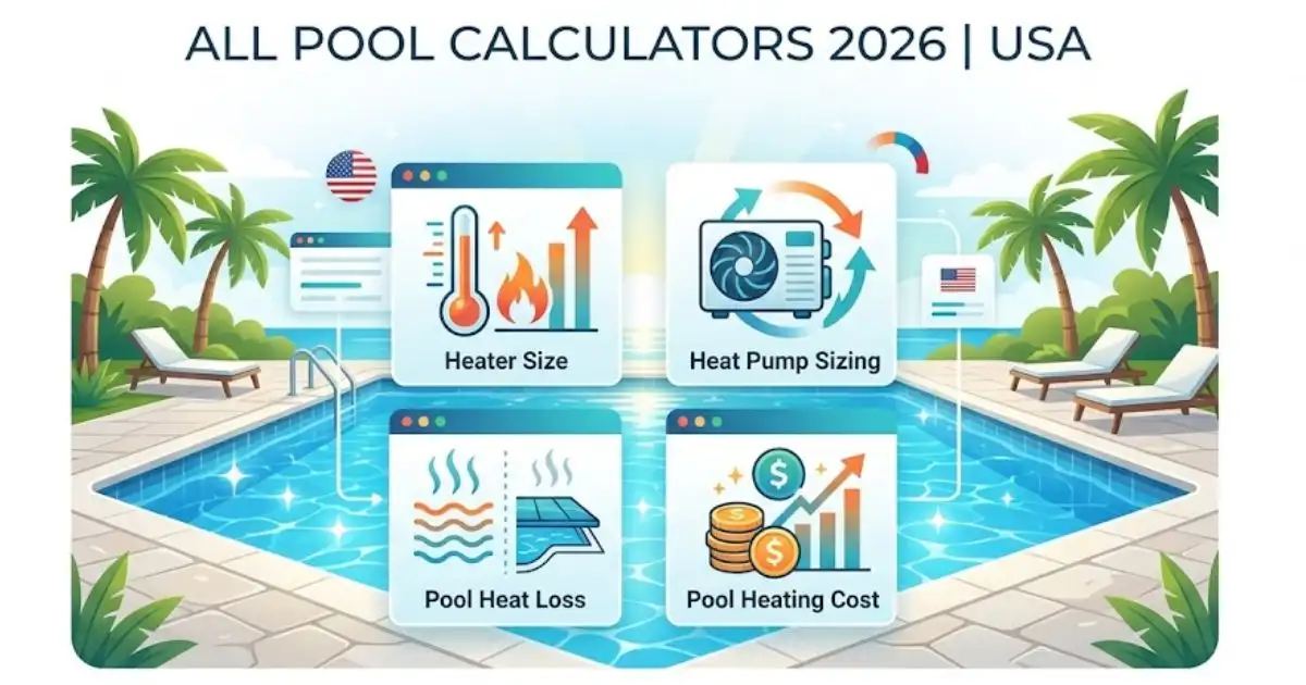 Infographic of four pool calculators for heater size, heat pump sizing, thermal loss, and costs in a sunny pool scene.