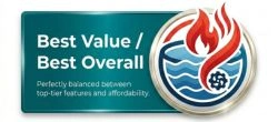 Best Value and Best Overall badge for above ground pool heaters with a circular flame and water emblem.