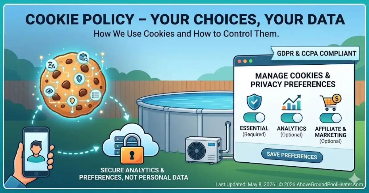 Cookie policy graphic showing a digital cookie, security icons, and a pool heater in a backyard setting.