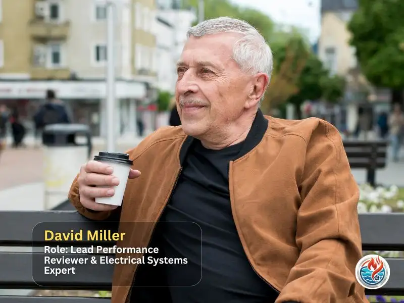 David Miller, Lead Performance Reviewer and Electrical Systems Expert, holding a coffee cup outdoors on a bench.