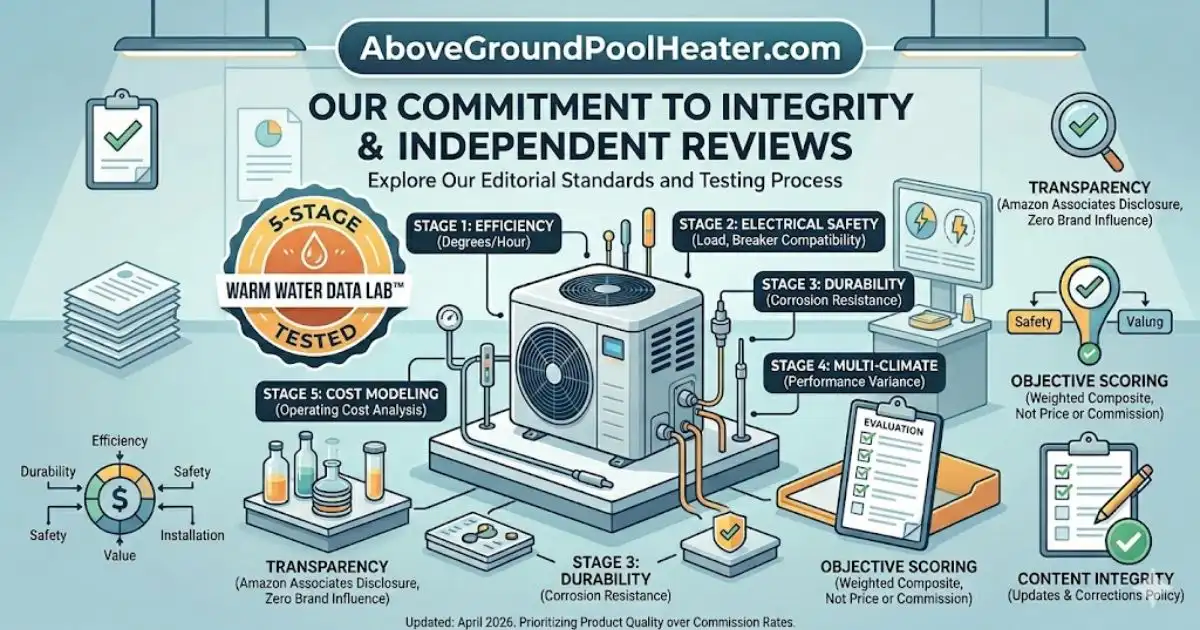 Infographic showing a 5-stage pool heater testing process for an editorial policy and affiliate commission disclosure.