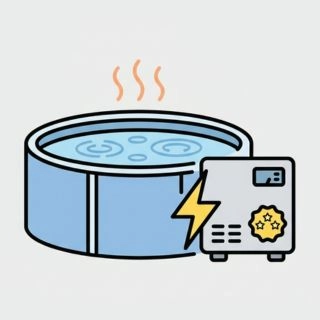 Illustration of a steaming blue above ground pool next to a high-rated electric heater with a lightning bolt symbol.