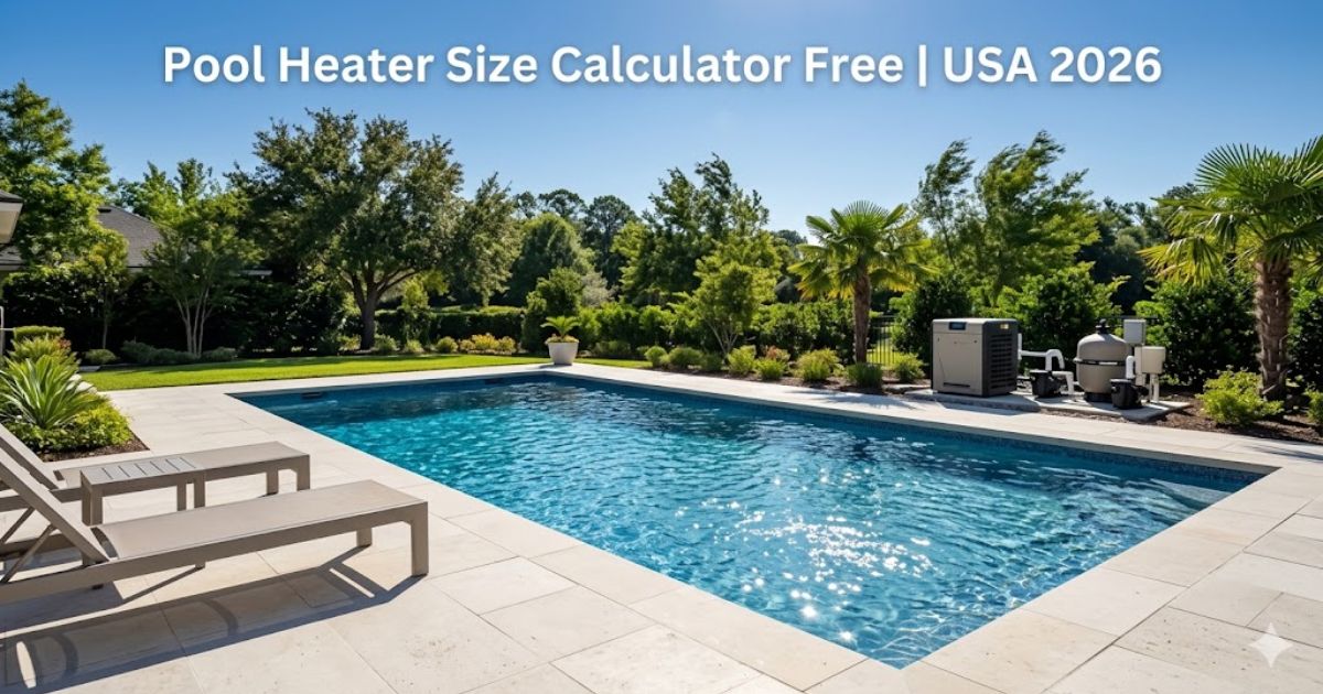 Pool heater size calculator showing a sunny backyard pool area for accurate equipment sizing in the USA.