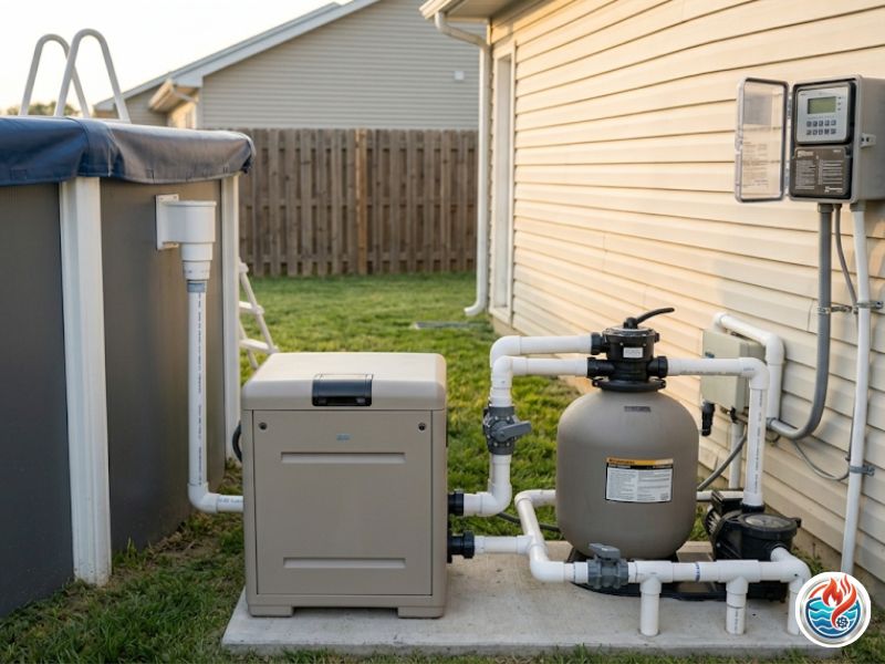 An automatic pool freeze protection control box mounted next to neat PVC pipes and pool plumbing lines. Best Way to Heat an Above-Ground Pool in Winter