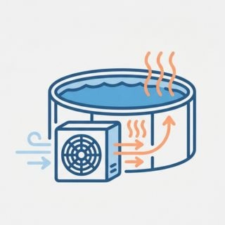Diagram of a pool heat pump pulling in cool air and transferring warm energy into an above ground pool.