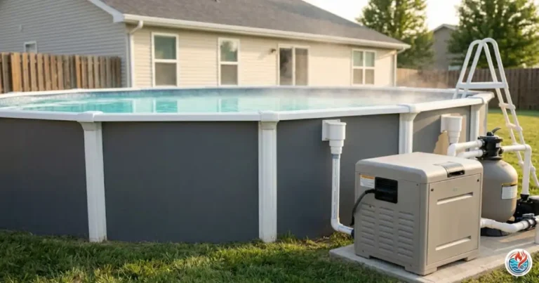 Steam rises from a heated above ground pool connected to a gray gas heater and sand filter in a backyard lawn.