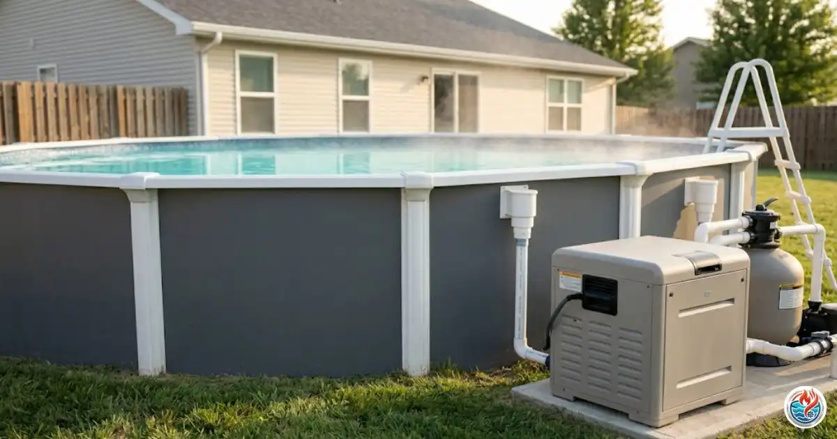 Steam rises from a heated above ground pool connected to a gray gas heater and sand filter in a backyard lawn.