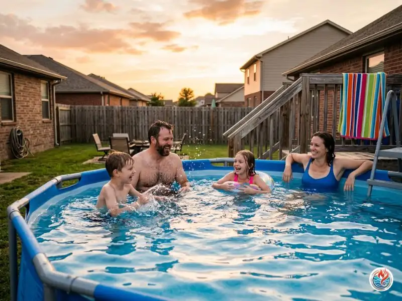 American family relaxing in a cool above-ground swimming pool at sunset