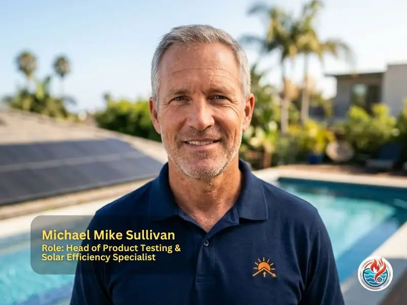 Michael Mike Sullivan, Head of Product Testing and Solar Efficiency Specialist, smiling by a sunny backyard pool.