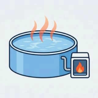 Illustration of a steaming blue above ground pool connected to a natural heater unit with a bright orange flame.