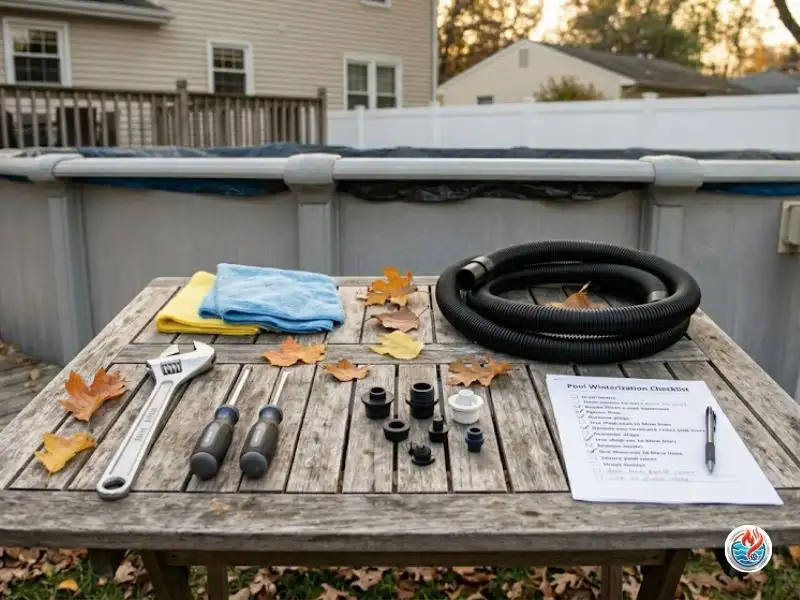 Pool winterization tools and checklist arranged beside an above-ground pool