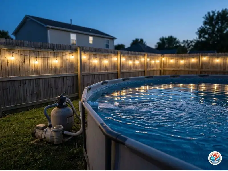 Above-ground pool pump circulating water during a summer night