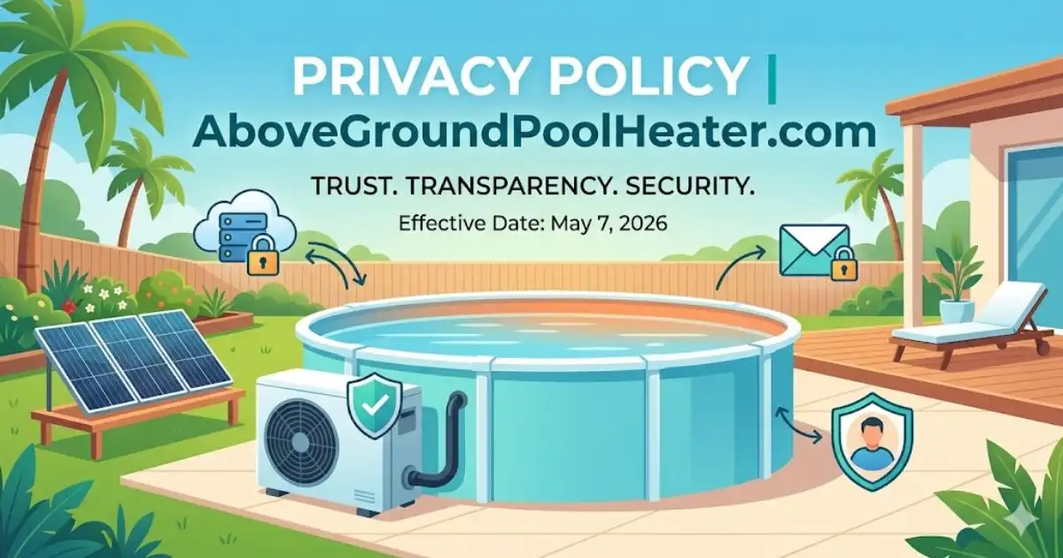 Above ground pool heater privacy policy graphic with a backyard pool, heat pump, and data security icons for 2026.