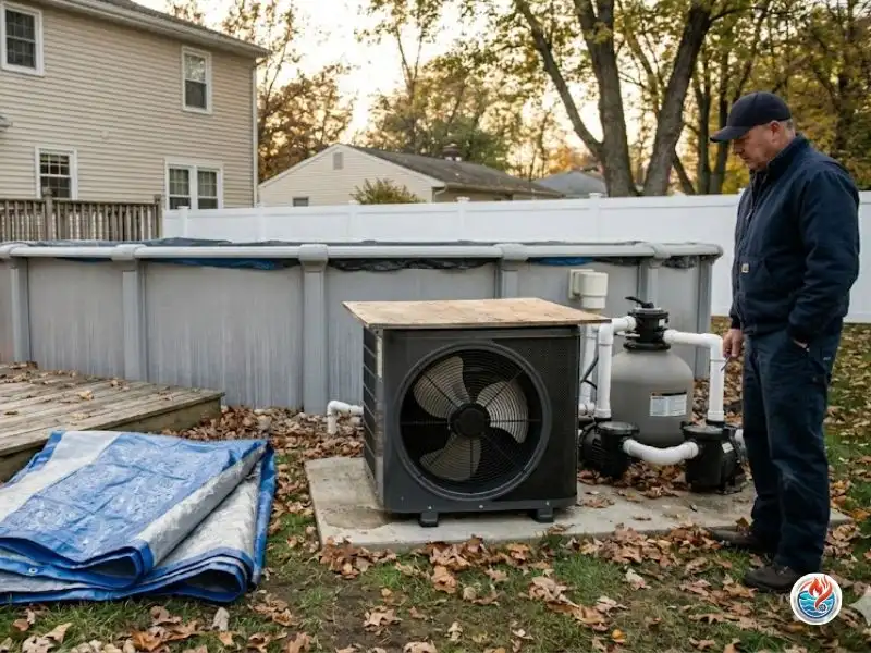 Pool heater protected with plywood instead of a moisture-trapping tarp during winter