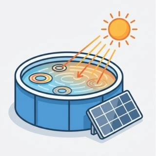 Illustration of sun rays hitting an above ground pool and a solar panel to warm the water naturally.