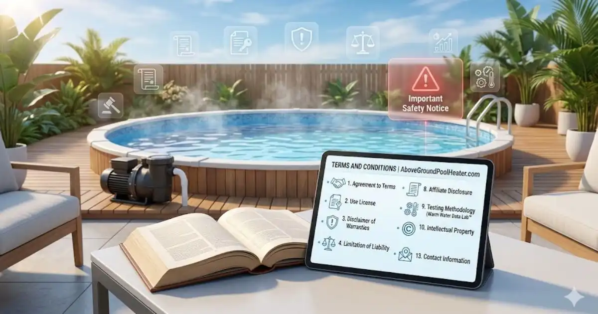 Tablet displaying terms and conditions next to a backyard pool and heater with an open book and safety icons.