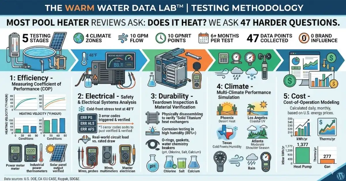 Infographic of a 5-stage pool heater testing process including efficiency, electrical safety, durability, and cost modeling.