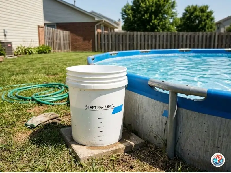 Bucket test beside an above-ground pool to check evaporation loss