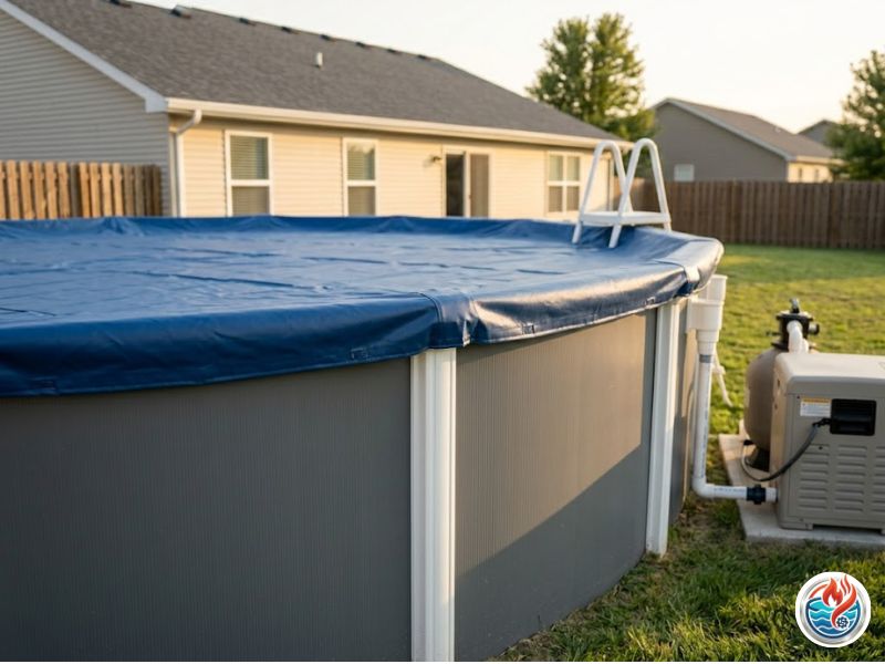 A close-up shot of a thick blue thermal vinyl blanket neatly covering a round above-ground pool in a backyard.