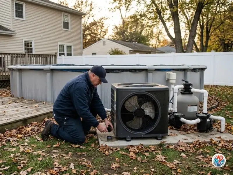 Technician draining an above-ground pool heat pump before winter. Above Ground Pool Heater Fall Closing Guide