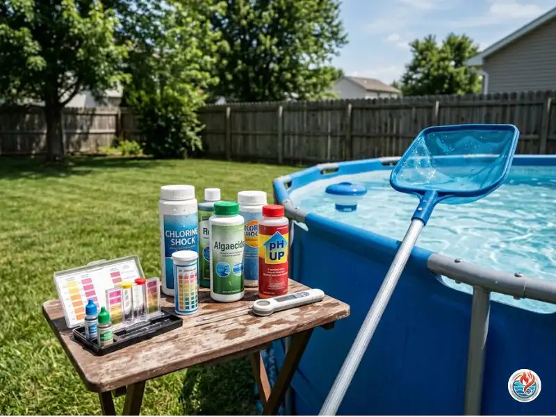 Pool chemical testing tools beside an above-ground swimming pool