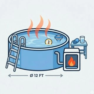 Illustration of a 12-foot above ground pool with a heater, floating thermometer, and maintenance accessories.