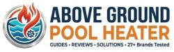 Above Ground Pool Heater logo featuring a circular fire and water icon with the text Guides, Reviews, and Solutions.