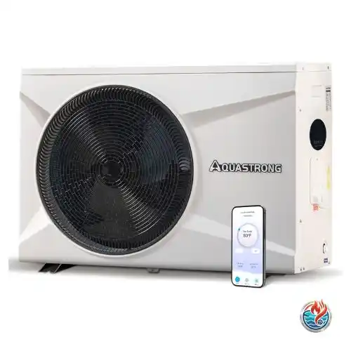 AQUASTRONG inverter pool heat pump with smart WiFi app showing 80°F set temperature.