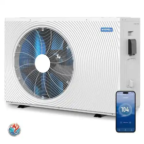 WARMBLU H35 pool heat pump with app showing 104°F Quick Heat Mode for cold weather.