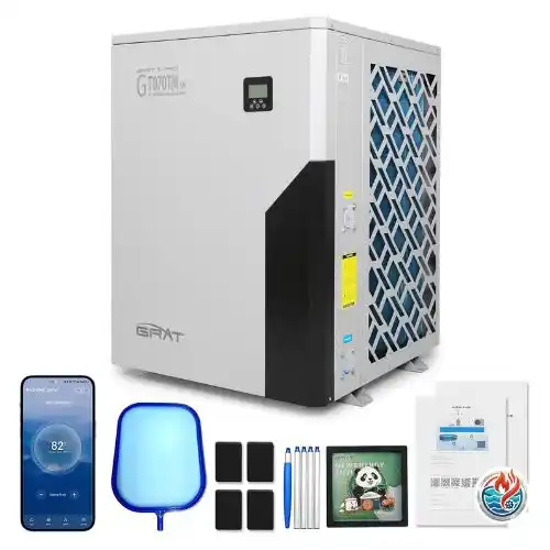 GRAT full inverter pool heat pump bundled with cleaning accessories and WiFi app control.