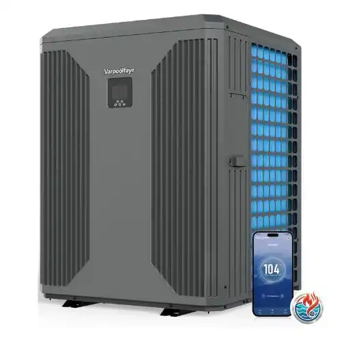 Varpoolfaye heat pump with blue-coil grille sized for large above ground pools, app at 104°F.