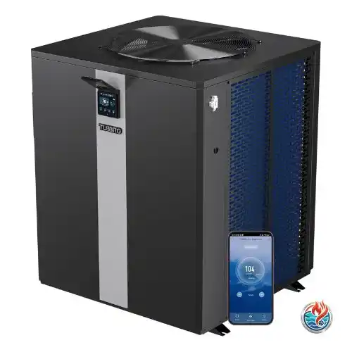 TURBRO Beluga pool heat pump with top-mounted fan and blue titanium coil, app set to 104°F.