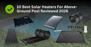 Collage of the best solar heaters for above-ground pools, featuring flexible mats, rigid panels, and a solar dome arranged around a red question mark.