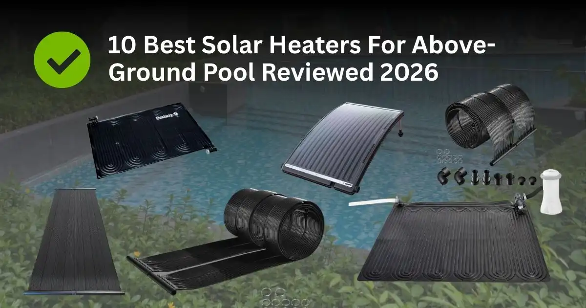 Collage of the best solar heaters for above-ground pools, featuring flexible mats, rigid panels, and a solar dome arranged around a red question mark.