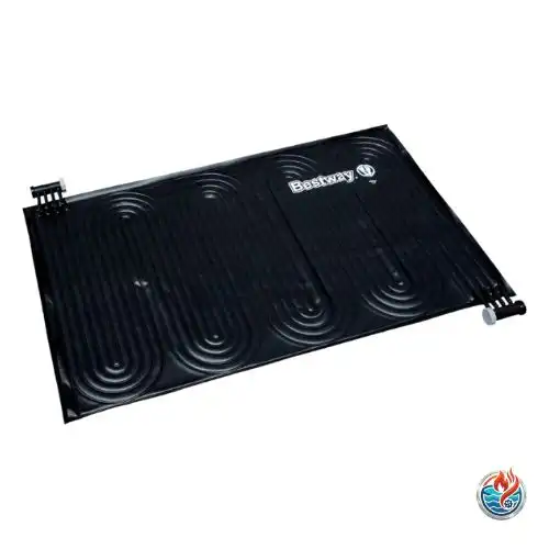 Black Bestway solar-powered pool heating pad with an S-channel design on a white background. Bestway Solar Pool Heating Pad Review