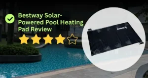A text graphic titled "Bestway Solar Pool Heating Pad Review" with a checkmark and a 4 out of 5 star rating score. To the right, a white circle displays a flat black rectangular solar pool mat with winding internal tubes and a white Bestway logo. The background shows a modern backyard swimming pool.
