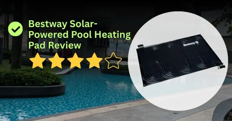 A text graphic titled "Bestway Solar Pool Heating Pad Review" with a checkmark and a 4 out of 5 star rating score. To the right, a white circle displays a flat black rectangular solar pool mat with winding internal tubes and a white Bestway logo. The background shows a modern backyard swimming pool.