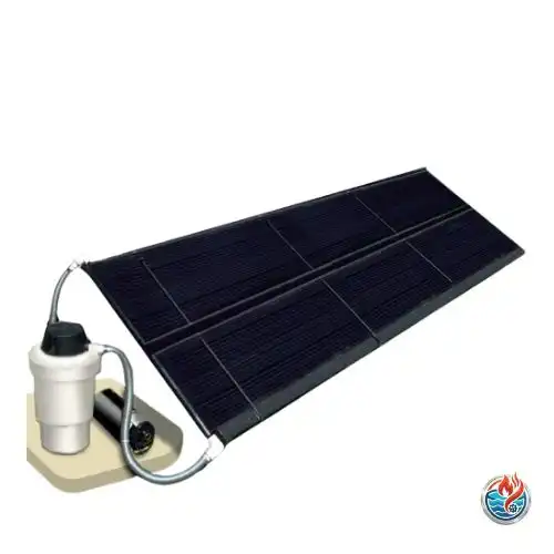 A black, rectangular solar pool heating panel connected on its left side to a white pool filter pump. Two grey hoses connect the pump to the top and bottom corners of the panel. The pump sits on a small tan base against a solid white background. Doheny's Solar Pool Heater Review