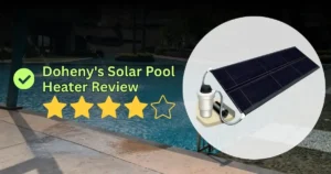 Doheny's solar pool heater review banner displaying a 4-star rating next to a rigid black solar panel connected to a pump.