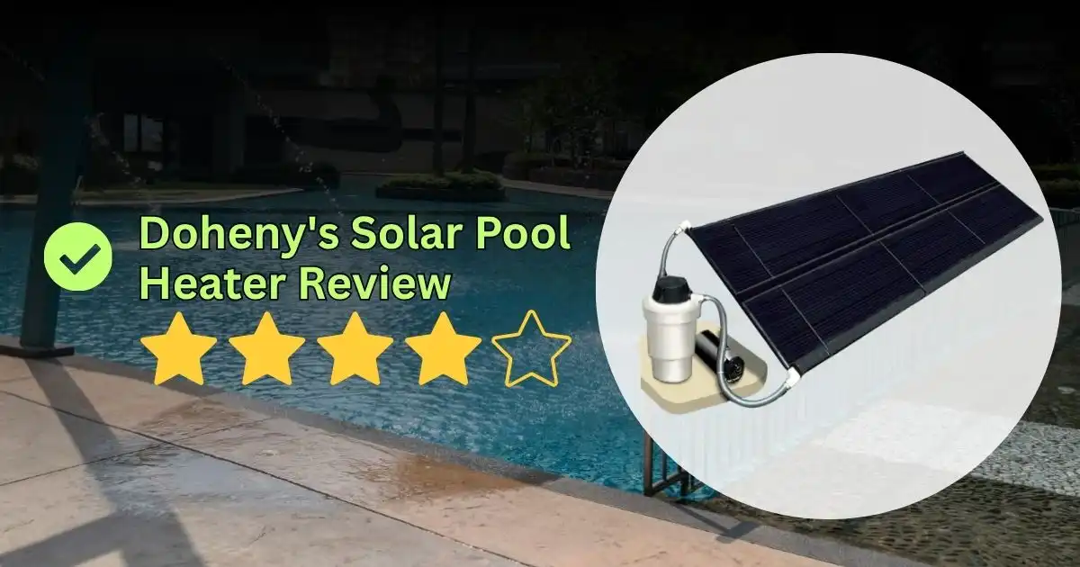 Doheny's solar pool heater review banner displaying a 4-star rating next to a rigid black solar panel connected to a pump.